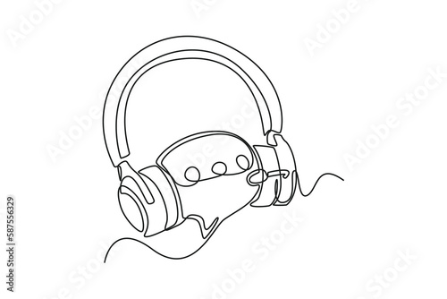 Single one-line drawing speech bubble uses a headphone. Chatbot concept continuous line draw design graphic vector illustration