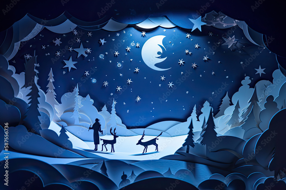 Naklejka premium two people riding on horses in the woods at night with moon and stars above them, paper cut art style. Generative AI
