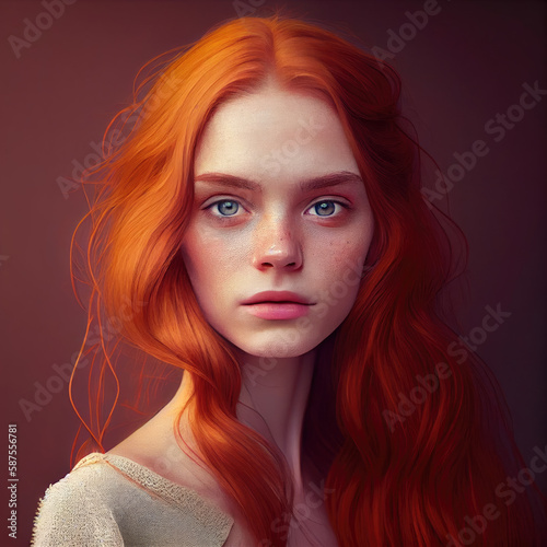 a redhead girl with long red hair and blue eyes, wearing a white laced dress in the background is an orange hue. Generative AI