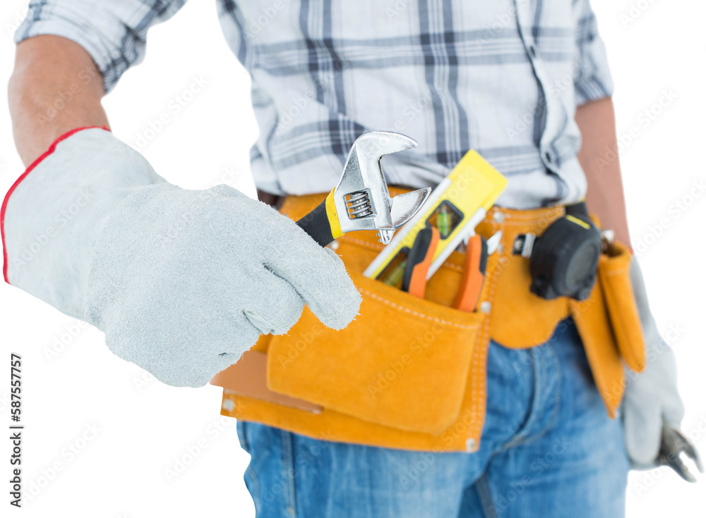 Technician using adjustable wrench against white background Technician using adjustable wrench against white background