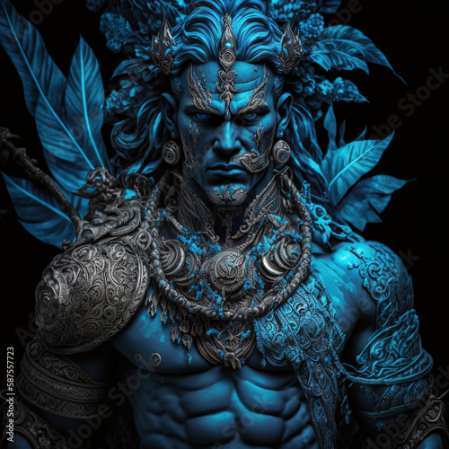 indonesian, ancient, goddess, artistic, muscular, aesthetic, blue, red, gold, brown, ornaments, aura, javanese, hindu, politheism, ai generative
