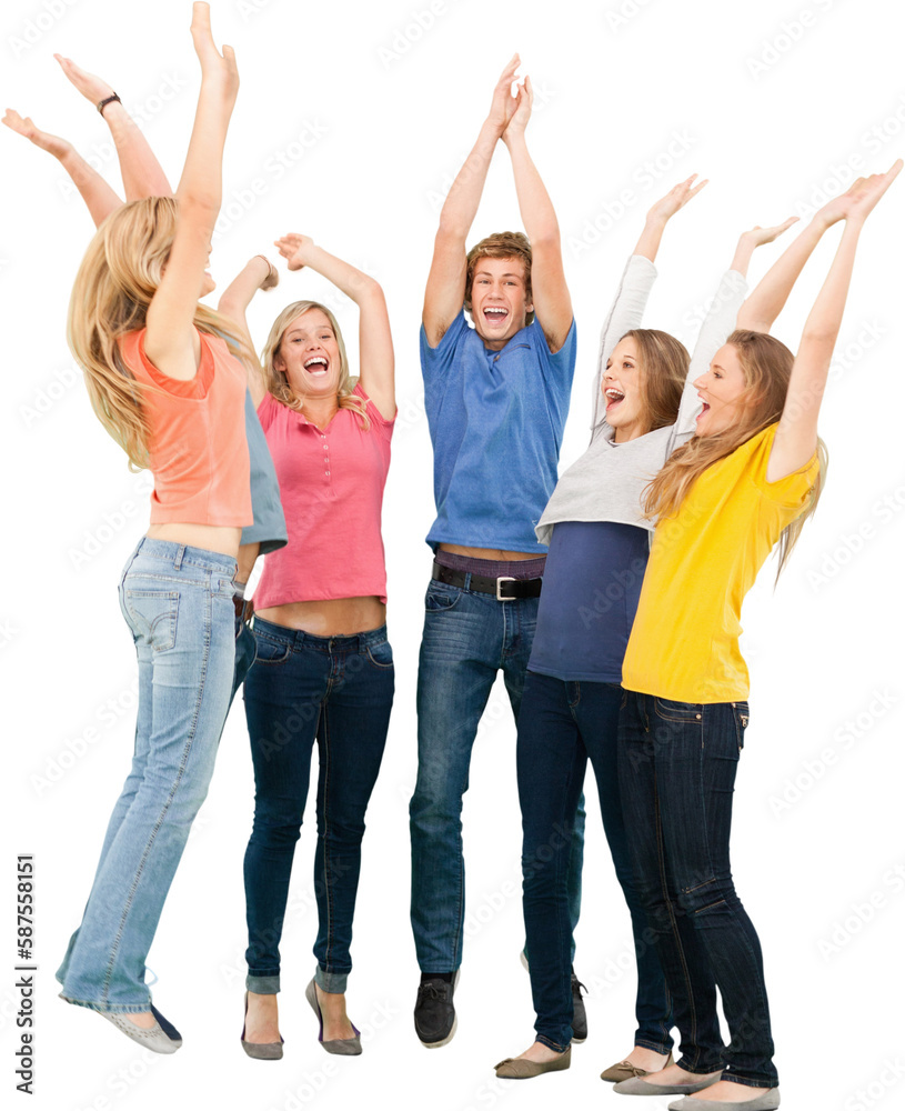 Group of friends cheering as they jump in the air and look at one another Group of friends cheering as they jump in the air and look at one another