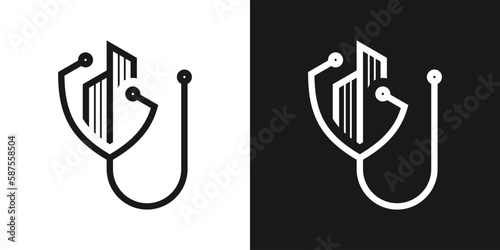 stethoscope and building logo design medical icon vector illustration