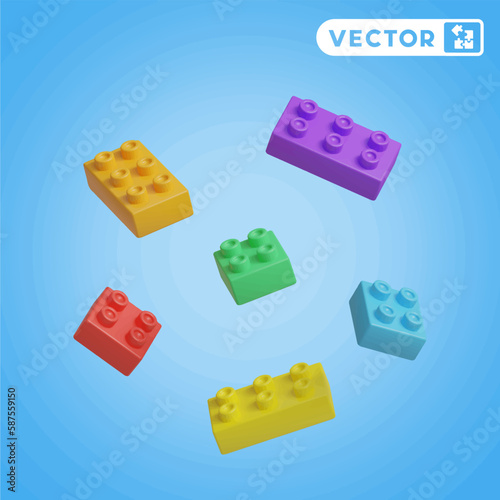 brick block toys 3D vector icon set, on a blue background