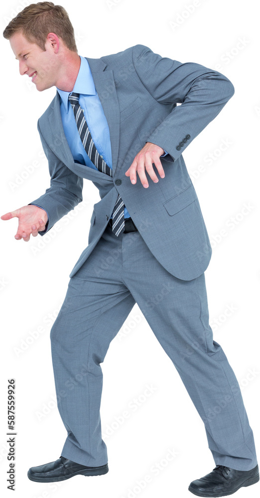 Full length of happy businessman gesturing Full length of happy businessman gesturing