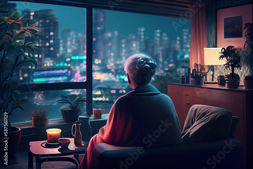 an old man sitting on a couch looking out the window at night time  with city lights in the background. Generative AI