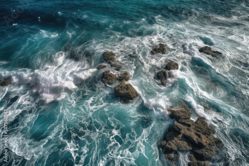 top view of a blue, foamy sea. Shot from above in the open sea. Generative AI