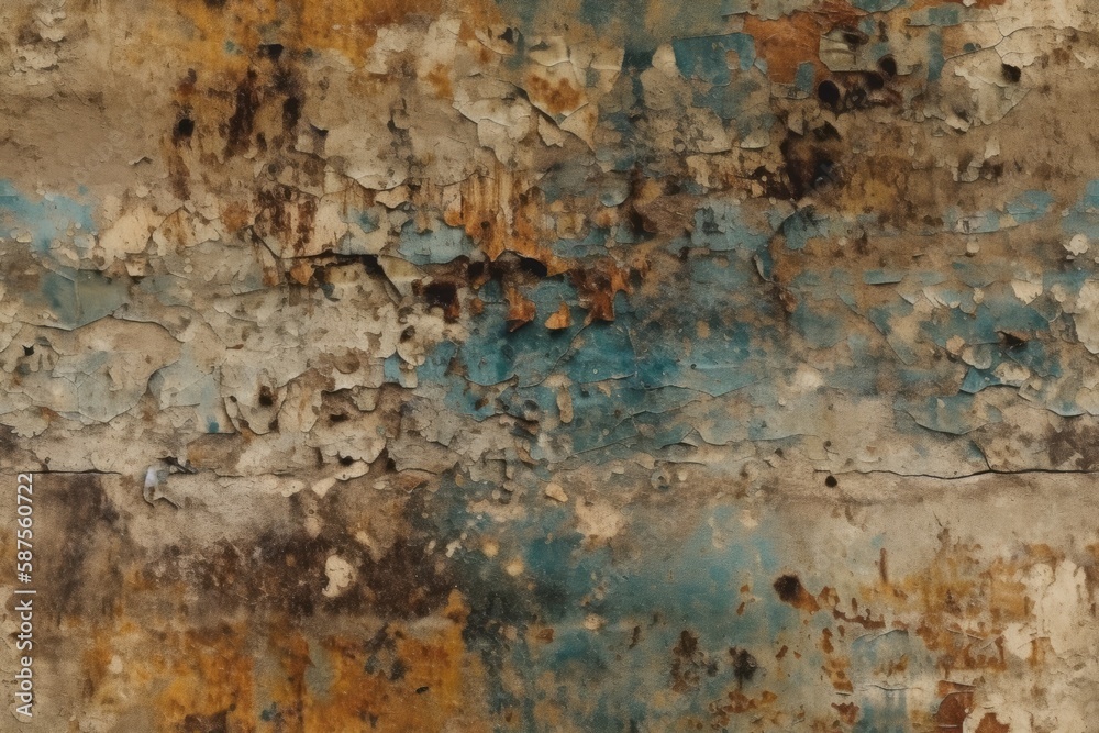 weathered wall with peeling blue and brown paint. Generative AI