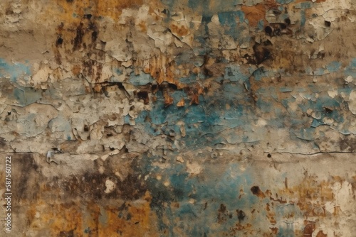 weathered wall with peeling blue and brown paint. Generative AI © AkuAku