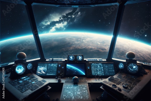 Fototapeta Naklejka Na Ścianę i Meble -  Outer view of spaceship window with control system room. Abstract discover new planet in space. Finest generative AI.