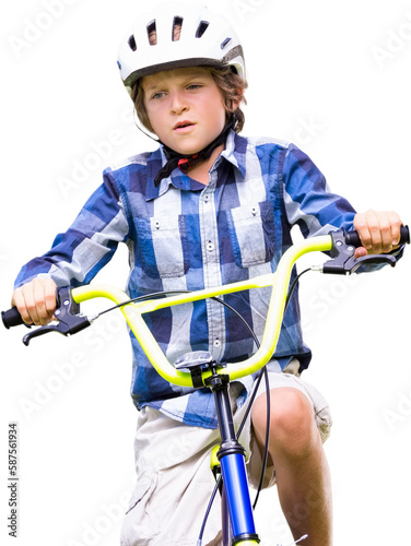 Boy in helmet riding bicycle