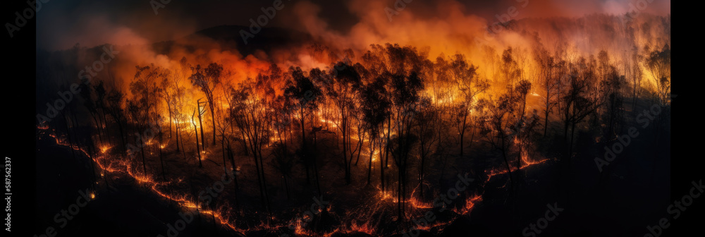Forest fire disaster, trees burning at night, wildfire nature destruction, damaged environment caused by global warming, generative AI