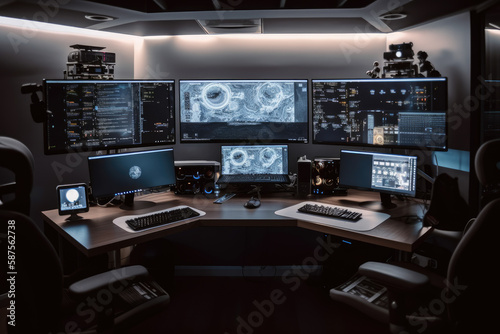 a computer room with multiple monitors on the wall and two monitors on the desks in front of the monitor screen. Generative AI