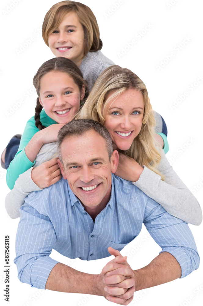 Cheerful family lying over white background Cheerful family lying over white background