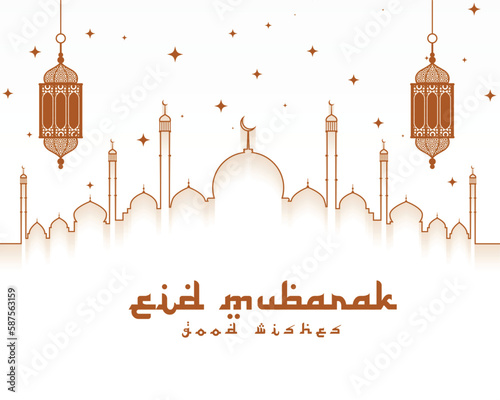 beautiful eid mubarak islamic background with mosque and lantern
