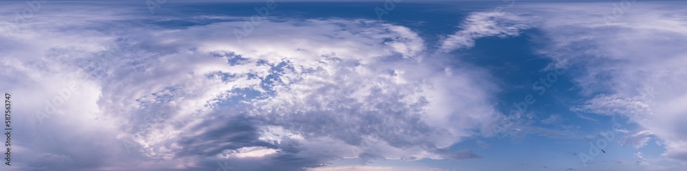 Dark blue sunset sky panorama with puffy Cumulus clouds. Seamless hdr 360 panorama in spherical equirectangular format. Full zenith for 3D visualization, sky replacement for aerial drone panoramas.