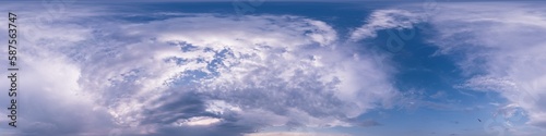 Dark blue sunset sky panorama with puffy Cumulus clouds. Seamless hdr 360 panorama in spherical equirectangular format. Full zenith for 3D visualization  sky replacement for aerial drone panoramas.