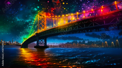 Colorful landscape with a shimmering rainbow bridge