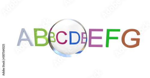 3D illustration of letters ABCDEFG. In front of the letters is a concave lens showing a diminished virtual image of the letters.