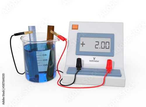3D illustration of a beaker containing a blue liquid and two different metals attached with wires to a voltmeter. The voltmeter is showing a reading.