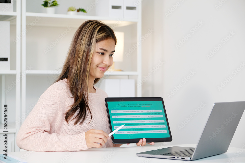 Woman study english language online by laptop computer, learning online course Woman study english language online by laptop computer, learning online course