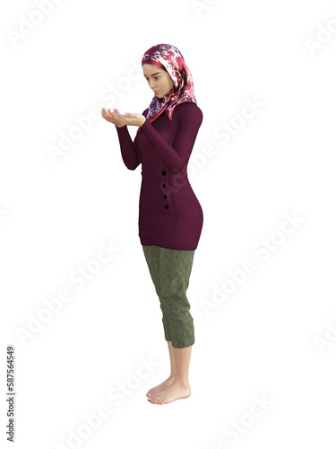 3D illustration of a young female standing. She is wearing a head scarf, a long sleeve dark maroon shirt, and dark green trousers.  She looks down at her hands which are held in a praying pose.
