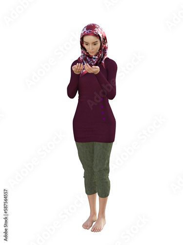 3D illustration of a young female standing. She is wearing a head scarf, a long sleeve dark maroon shirt, and dark green trousers.  She looks down at her hands which are held in a praying pose.