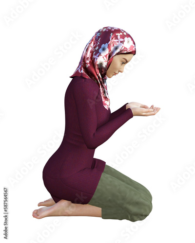 3D illustration of a young female sitting. She is wearing a head scarf, a long sleeve dark maroon shirt, and dark green trousers.  She is looking downward and her hands are held in a praying pose.