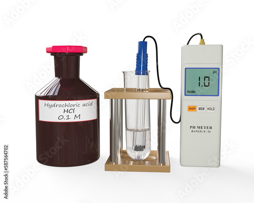 3D illustration of a bottle, a test tube holder containing a test tube, and a pH meter. The test tube contains a colorless liquid. A pH probe is inside the test tube.