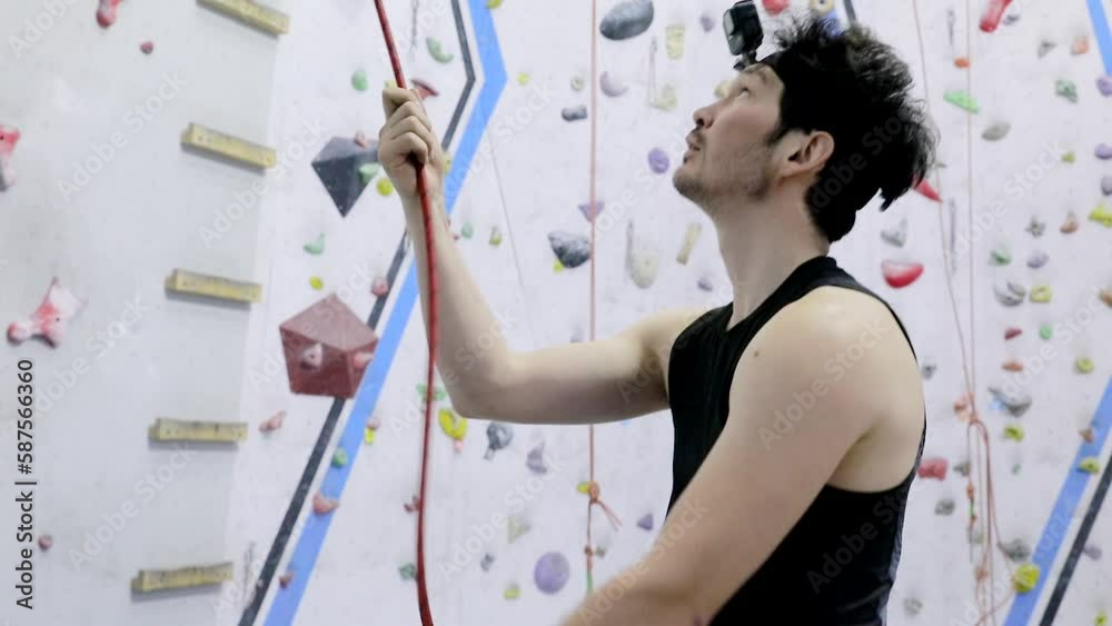 Climber with rope safaty system indoors Climber with rope safaty system indoors