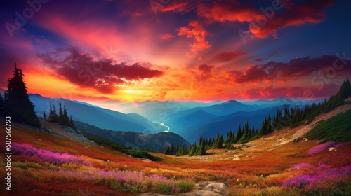 A nature scene with bold  vivid colors  Sunset over a mountain range. Generative ai.