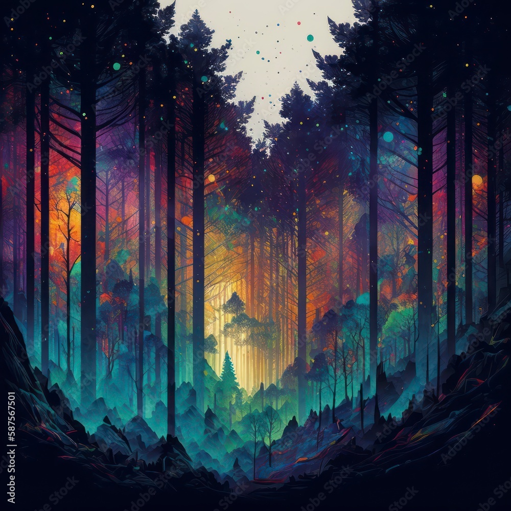 Fototapeta premium Vibrant Rainbow Aurora over a Forest Sky: Colorful Nature at Night on dark background Illustration, generative ai