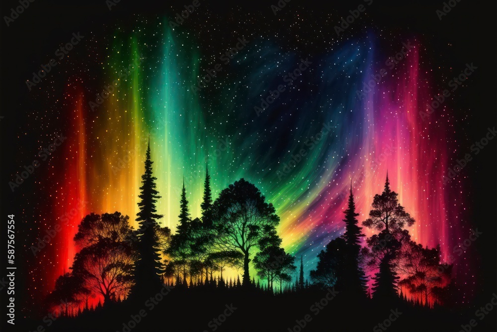 Fototapeta premium Vibrant Rainbow Aurora over a Forest Sky: Colorful Nature at Night on dark background Illustration, generative ai