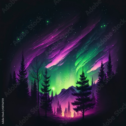 Vibrant Rainbow Aurora over a Forest Sky: Colorful Nature at Night on dark background Illustration, generative ai