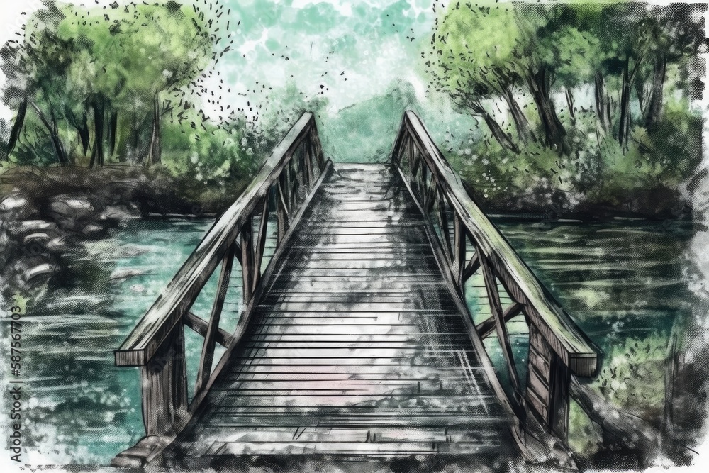 wooden bridge crossing a river in nature. Generative AI wooden bridge crossing a river in nature. Generative AI