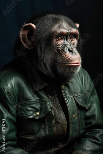 Illustration of a chimpanzee wearing a green leather jacket created with Generative AI technology