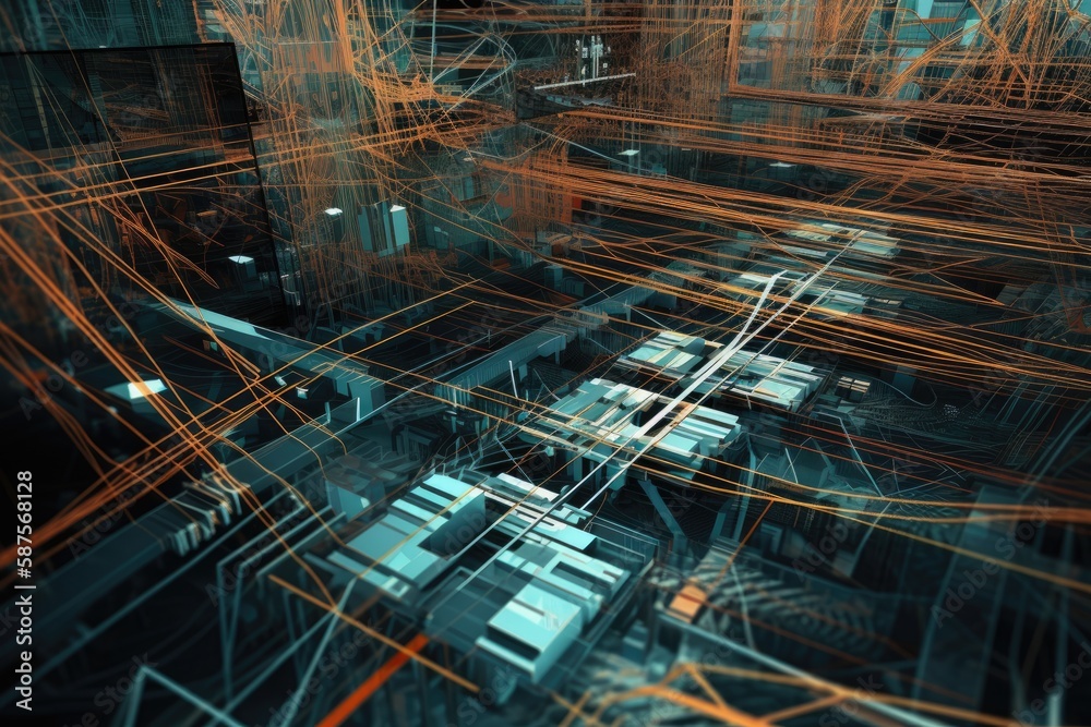 image that resembles a circuit board or a network of wires. metallic colors and sharp, angular lines to create a futuristic, technological feel background Generative AI image that resembles a circuit board or a network of wires. metallic colors and sharp, angular lines to create a futuristic, technological feel background Generative AI