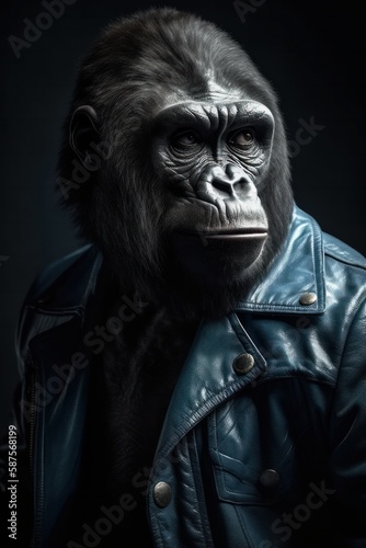 Illustration of a gorilla wearing a leather jacket created with Generative AI technology