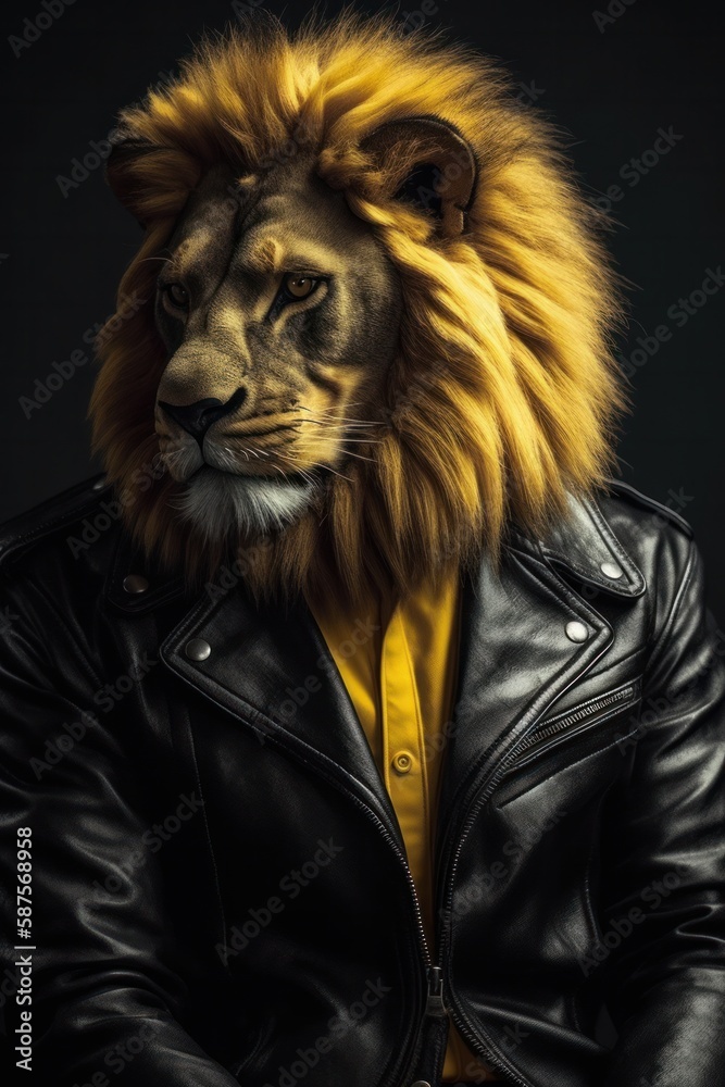 Naklejka premium Illustration of a lion wearing a black leather jacket created with Generative AI technology