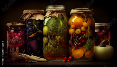 Freshly picked pickled vegetables in glass jar generated by AI