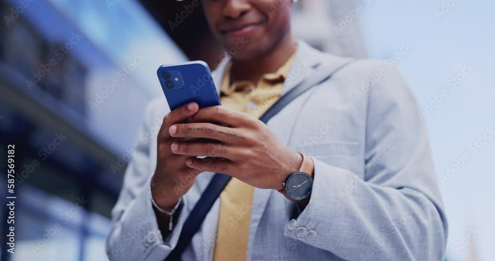 Phone typing, hands and black man smile, reading email or surfing internet, web or online search on social network. Joke, mobile smartphone app or city person texting, message or contact digital user
