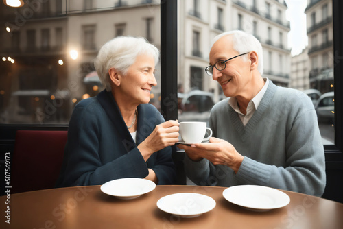 Happy middle aged family couple drinking coffee inside in a french cafe. Concept of active age. Generative AI