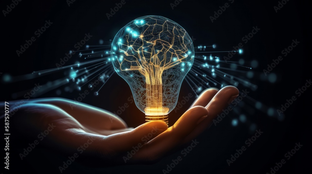 Fototapeta premium Illustration of a hand holding a glowing light bulb with bright ideas created with Generative AI technology
