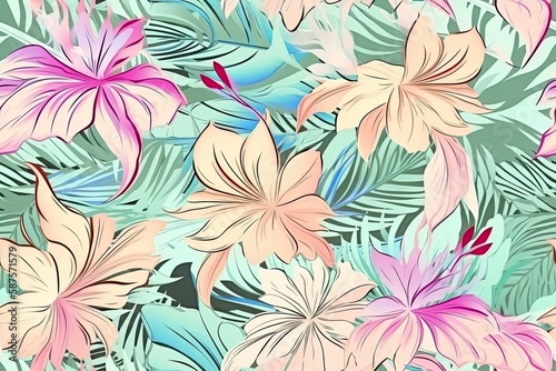 Exotic Colorful Tropical Hibiscus Flowers Hawaiian Pastel Mosaic Abstract Floral Seamless Pattern  Desktop Background  Screensaver with Soft Greens  Yellows  Pinks Purples  and Blues