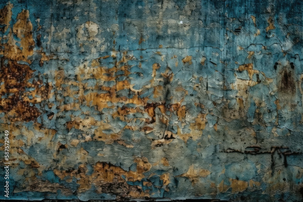 weathered blue painted metal surface with rusted texture. Generative AI