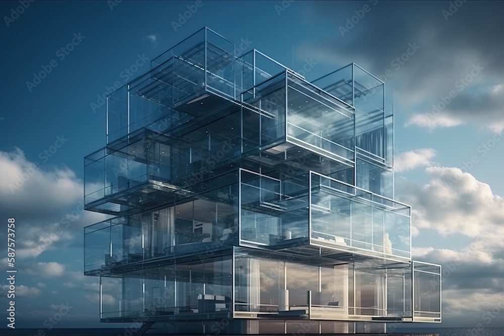 Amazing modern glass building with roof gardens, generative ai