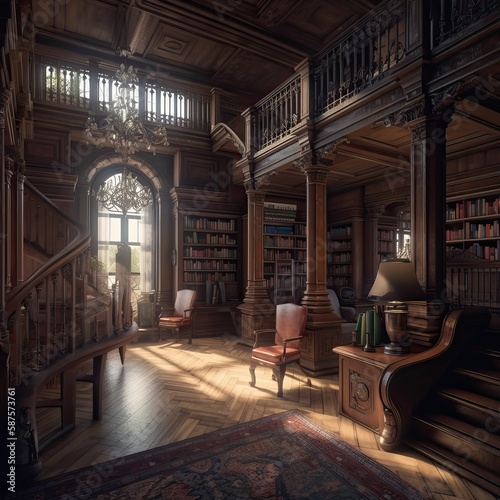 Ancient stately home interior with a beautiful library and club sofas  generative AI