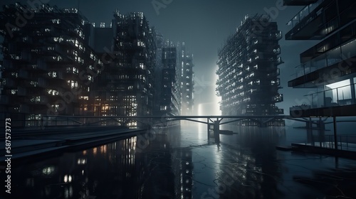 financial district with high rise buildings on a foggy night, generative ai