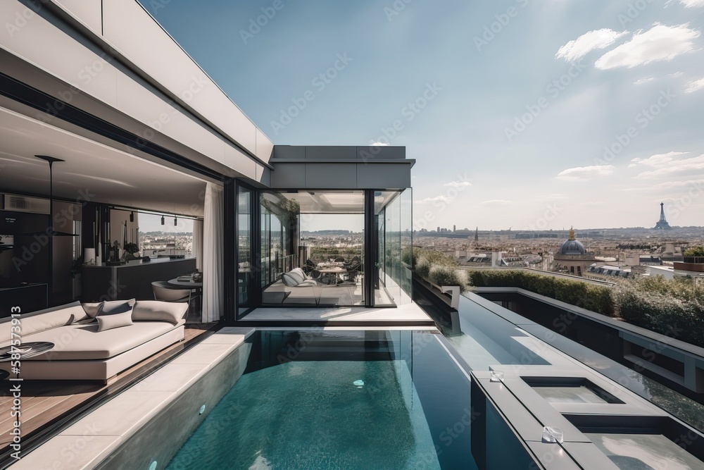 Obraz premium penthouse terrace with a swimming pool overlooking Paris, generative AI