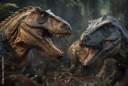 Realistic scary tyrannosaurus rex dinosaurs, generative ai © FrankBoston
